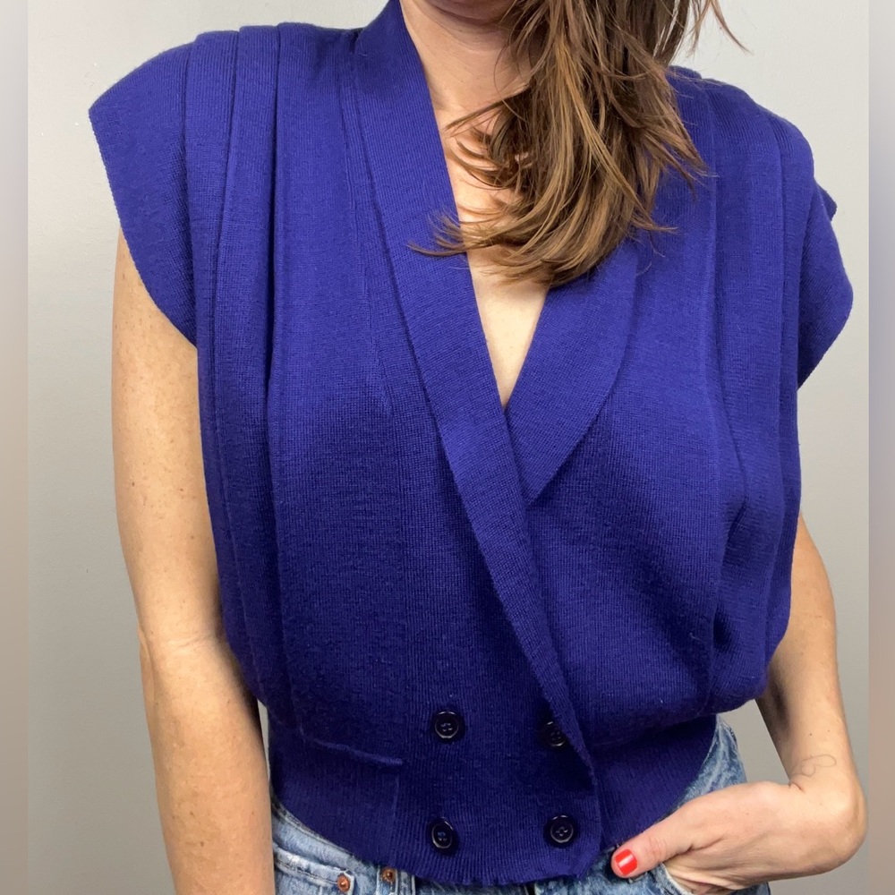 Vintage Russ Indigo/Purple Sweater Vest – 1980s Double-Breasted – Size L